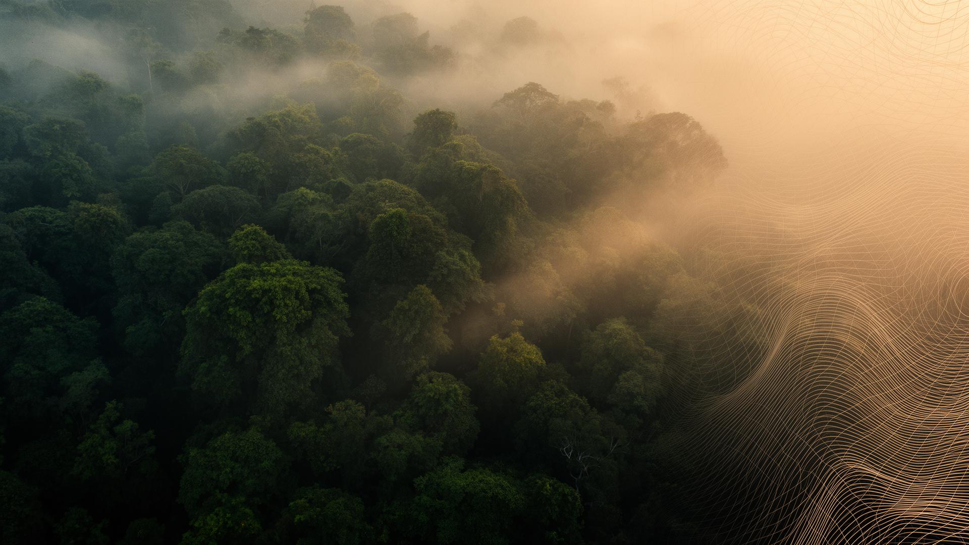 Forest canopy fading into a data grid
